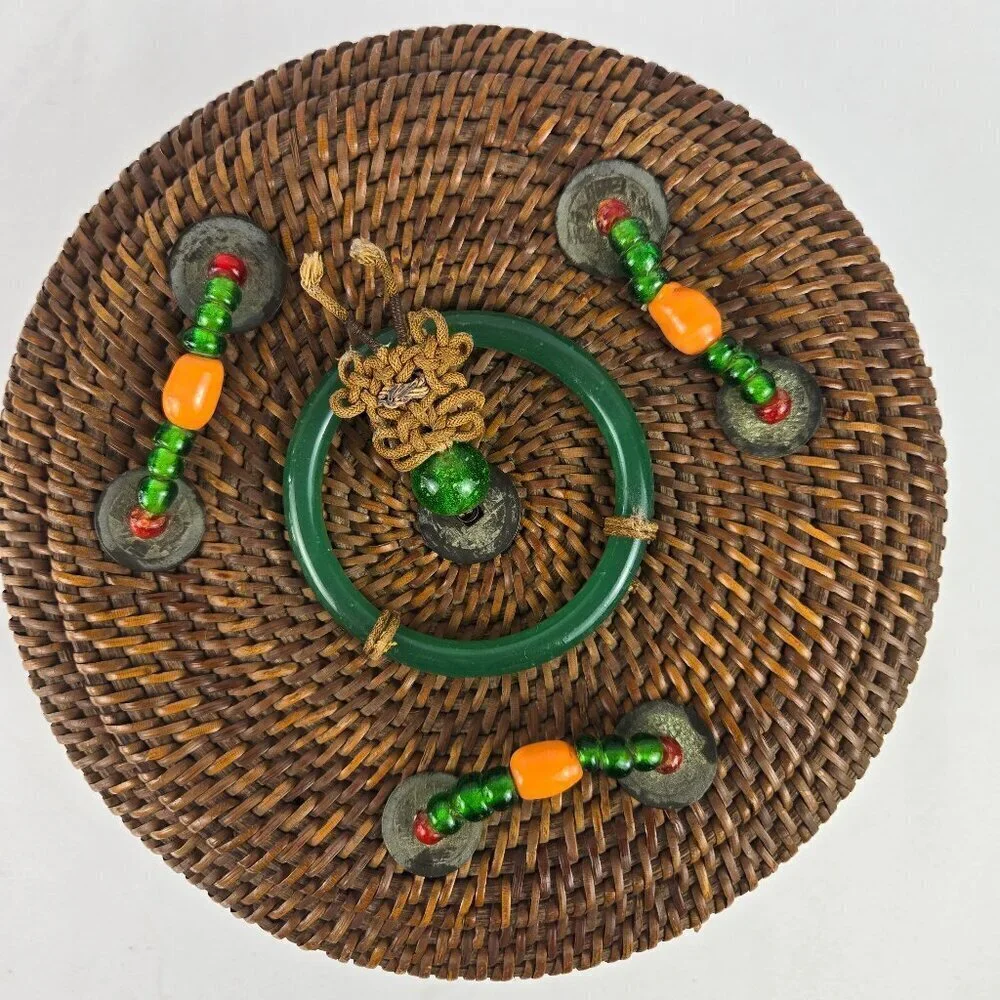Vintage Chinese Sewing Basket Brown Handmade Round Wicker Glass Bead Accents